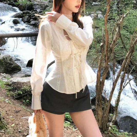 Vintage Lace Up Ruffle Blouse - Women’s Clothing & Accessories - Shirts & Blouses - 2