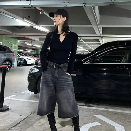 Vintage Washed Black Wide-Leg Denim Culottes - Best Sellers - Pants - 1