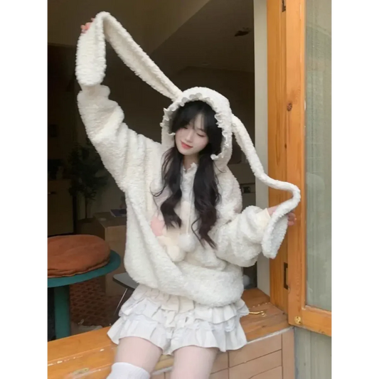 White Bunny Hoodie – Soft Lamb Wool Fleece Pullover Winter Style - Hoodies & Sweatshirts - Hooded - Hoodies - 1