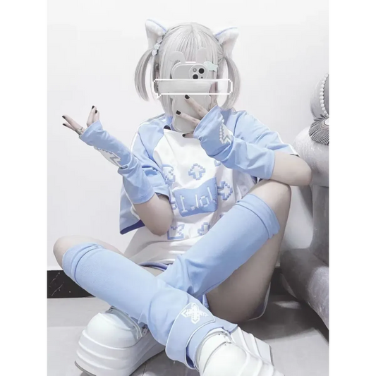 Blue & White Kawaii Harajuku Tops – Y2K Anime Print Top - T-Shirts - Short - Round - T-Shirts - 1
