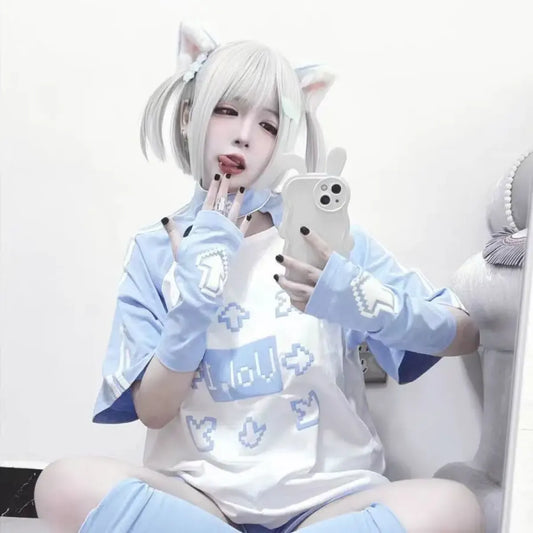 Blue & White Kawaii Harajuku Tops – Y2K Anime Print Top - T-Shirts - Short - Round - T-Shirts - 6