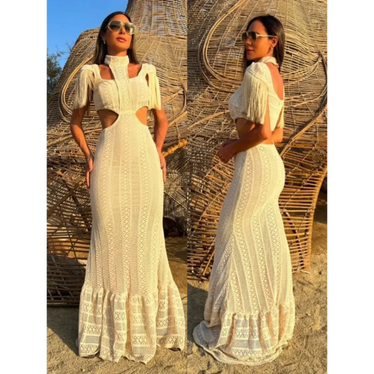 White Lace Turtleneck Dress: Sexy Slim Fit with Tassel Sleeves - All Dresses - 1