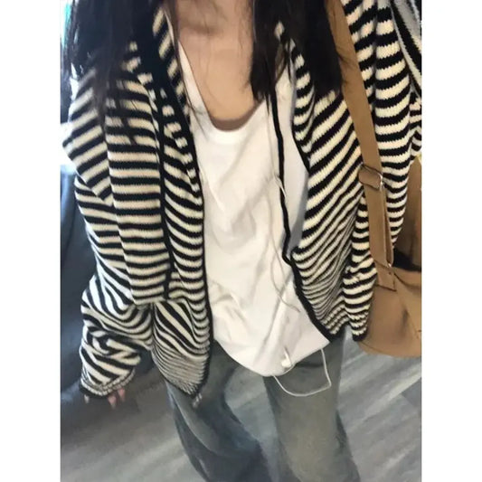 Black and White Striped Cardigan – Vintage Harajuku Zip-Up Knitwear - Sweaters - Long - Hooded - Cardigans - 7