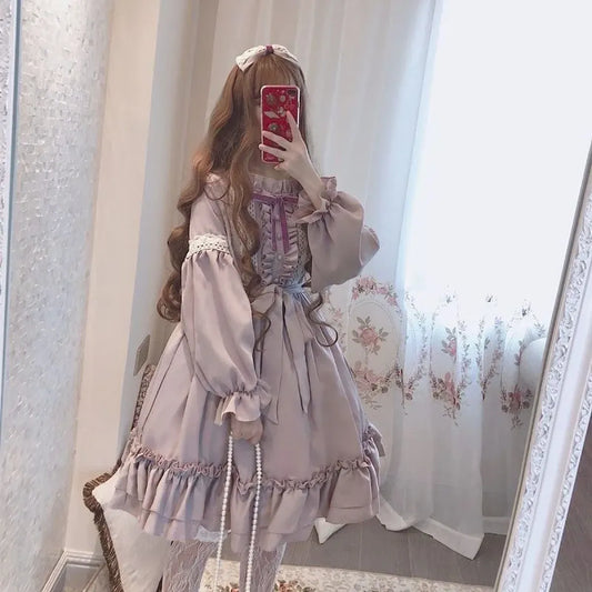 Alice in Wonderland Lolita Dress – Harajuku Fairycore Long Sleeve OP with Lace Trim - All Dresses - Long - Lolita Dress