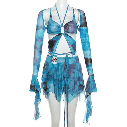 Tie-Dye Fairy Set – Butterfly Crop Top & Wrap Mini Skirt - Bottoms - Sets - 22