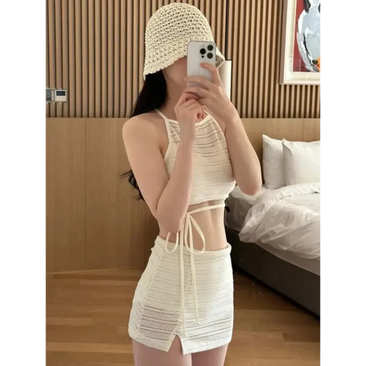 Korean Lace Mesh Bikini Set with Wrap Skirt - Bottoms - Swimsuits - 1