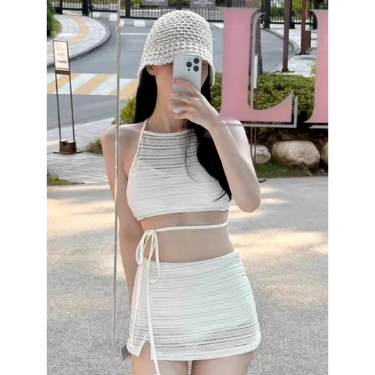 Korean Lace Mesh Bikini Set with Wrap Skirt - Bottoms - Swimsuits - 4