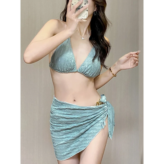 Metal Accent Lace-Up Bikini Set with Wrap Skirt - Bottoms - Swimsuits - 1