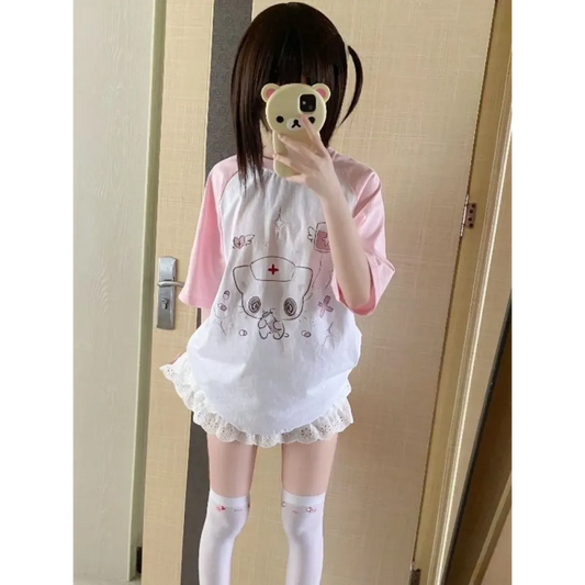 Kawaii Cartoon Patchwork T-Shirt – Harajuku Y2K Aesthetic Top - T-Shirts - Short - Round - T-Shirts - 2