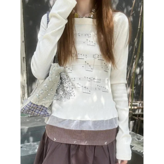 Y2K Aesthetic Long Sleeve Crop Top – Lace Grunge Print T-Shirt - T-Shirts - Long - Round - T-Shirts - 1