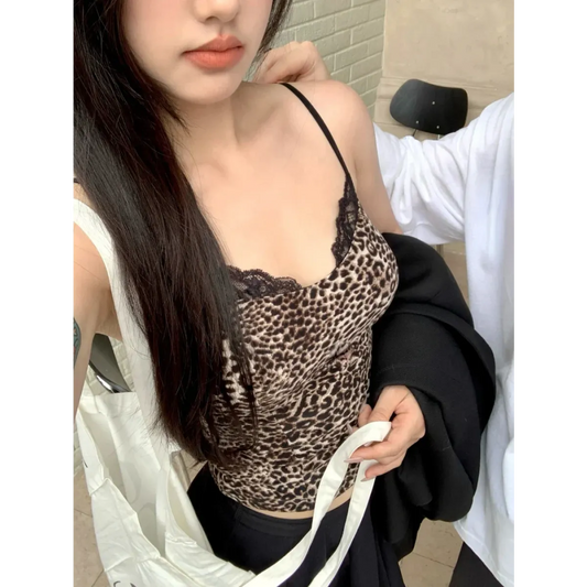 Leopard Print Lace Trim Cami – Y2K Aesthetic Vintage Tank Top - Bottoms - Sleeveless - Off-Shoulder - Tops - 2