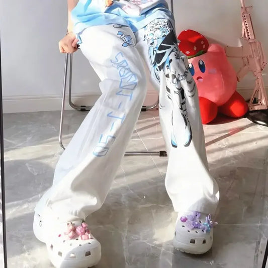 Y2K Anime Girl Print Harajuku White Pants - Bottoms - Pants - 2