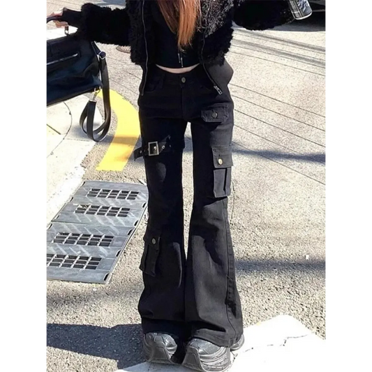 Y2K Black Bell Bottom Cargo Jeans - Bottoms - Jeans - 2