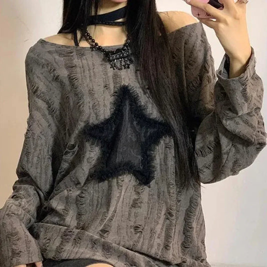 Y2K Star Distressed Off-Shoulder Long Sleeve Tee - T-Shirts - T-Shirt - 2