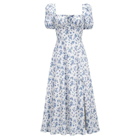 Y2K Blue Floral Puff Sleeve Split Dress - All Dresses - Midi Dress - 5