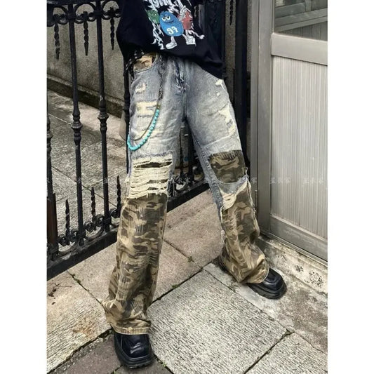 Y2K Camouflage Patchwork Wide Leg Jeans - Bottoms - Jeans - 2