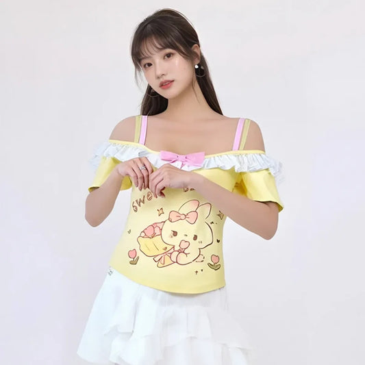 Kawaii Off-Shoulder Top – Ruffle Trim & Bunny Print - T-Shirts - Short - Off-Shoulder - T-Shirts - 2