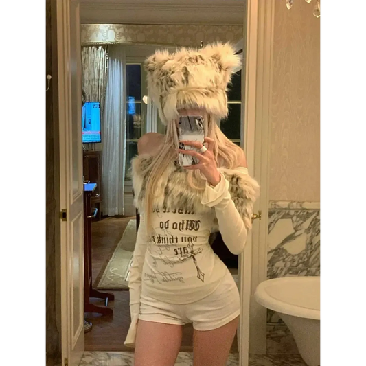 Y2K Coquette Off-Shoulder Top – Faux Fur Trim Long Sleeve - T-Shirts - Round - T-Shirts - 2