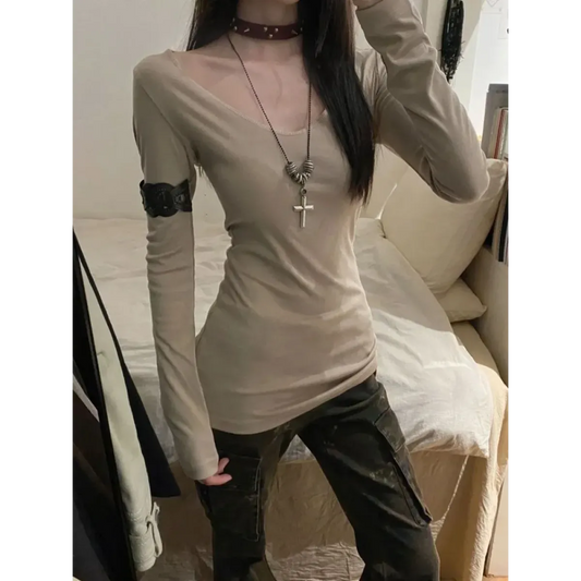 Y2K Cross Patchwork Off-Shoulder Long Sleeve Top - Harajuku Style - T-Shirt - 2