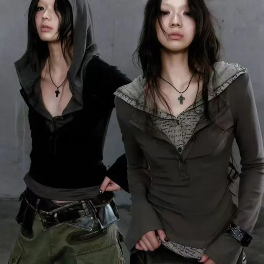 Patchwork Hooded Top – Y2K Cyber Grunge Slim Fit Knit Pullover - Sweaters - Long - Tops - 1