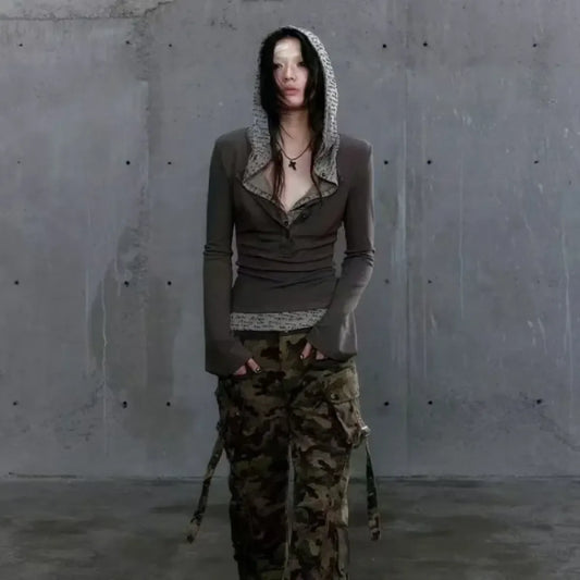 Patchwork Hooded Top – Y2K Cyber Grunge Slim Fit Knit Pullover - Sweaters - Long - Tops - 2