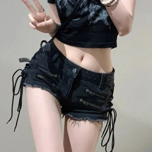 Y2K Lace-Up Zipper Denim Hot Pants - Bottoms - Shorts - 1