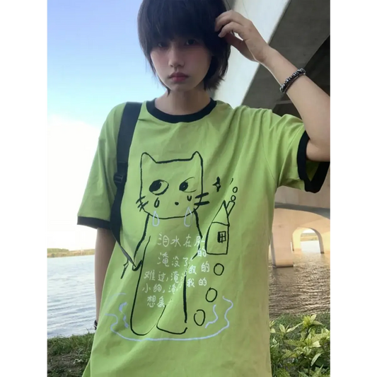 Green Harajuku Cat Print T-Shirt – Y2K Fairycore Grunge Tee - T-Shirts - Short - Crew - Unisex T-Shirts - 6