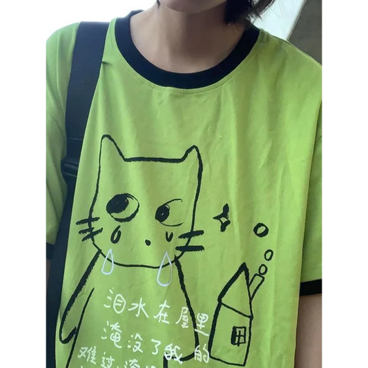 Green Harajuku Cat Print T-Shirt – Y2K Fairycore Grunge Tee - T-Shirts - Short - Crew - Unisex T-Shirts - 2