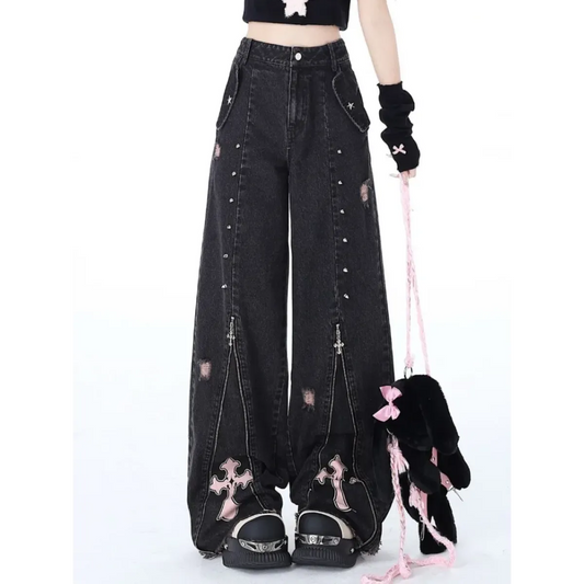 Gothic Y2K Cross Zip Wide-Leg Jeans - Bottoms - Jeans - 1