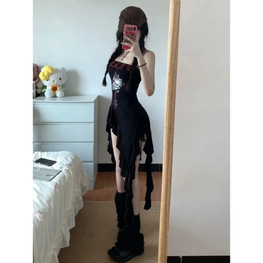 Strapless Irregular Hem Dress – Y2K Gothic Harajuku Punk Style - All Dresses - Strapless - V-neck - Dresses - 2