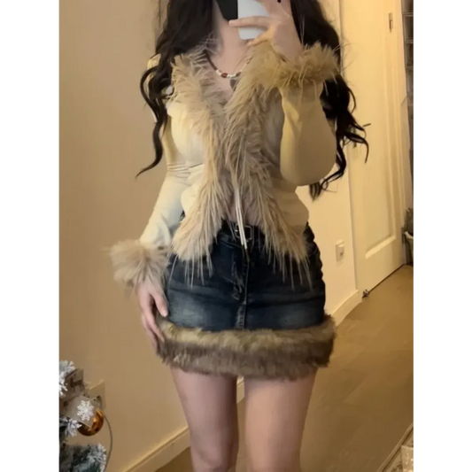 Faux Fur Trim Cardigan – Y2K Gothic Punk Knit Top - Sweaters - Long - V-neck - Cardigans - 7