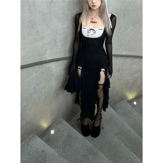Y2K Gothic Split Bow Slim Midi Dress - All Dresses - Midi Dress - 1