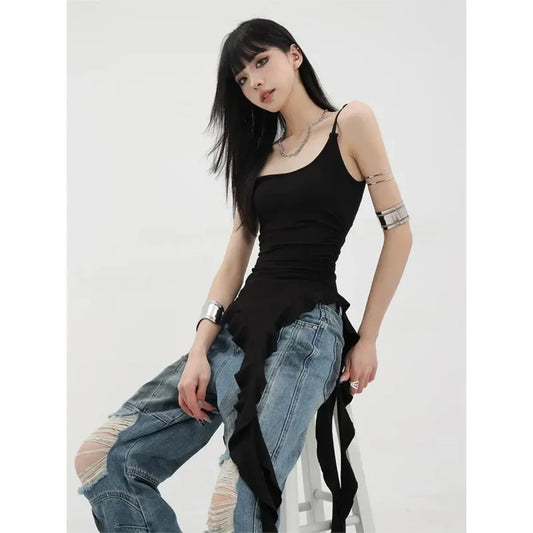 Black Asymmetrical Ruffle Tank Top – Y2K Grunge Punk Camisole - Camis & Tops - Sleeveless - Off-Shoulder - Tank Tops - 7