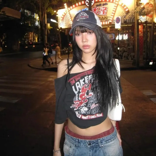 Black Off-Shoulder Graphic Tee – Y2K Grunge Punk Harajuku Crop Top - T-Shirts - Short - Off-Shoulder - Crop Tops - 1