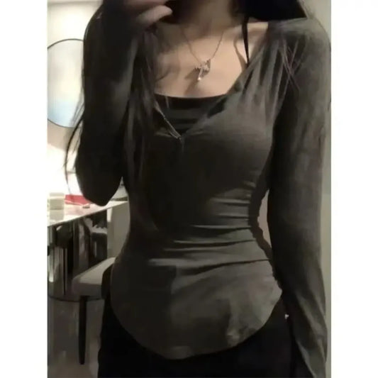 V-Neck Long Sleeve Tee – Y2K Grunge Slim Fit Layered Top - T-Shirts - Long - V-neck - T-Shirts - 2