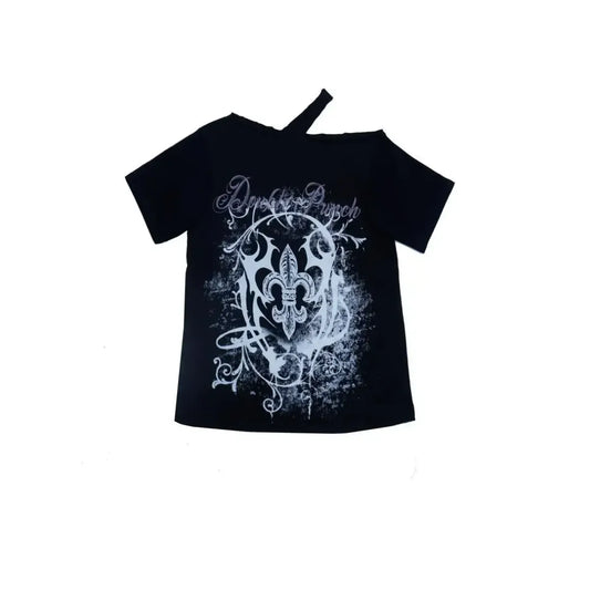 Black Gothic Print T-Shirt – Off-Shoulder Y2K Grunge Tee - T-Shirts - Short - Crew - Unisex T-Shirts - 3