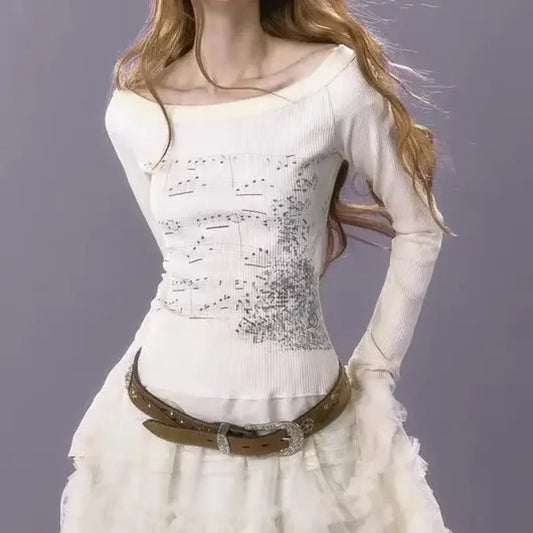 White Music Note Print Top – Off-Shoulder Y2K Grunge Tee - T-Shirts - Long - Round - T-Shirts - 6