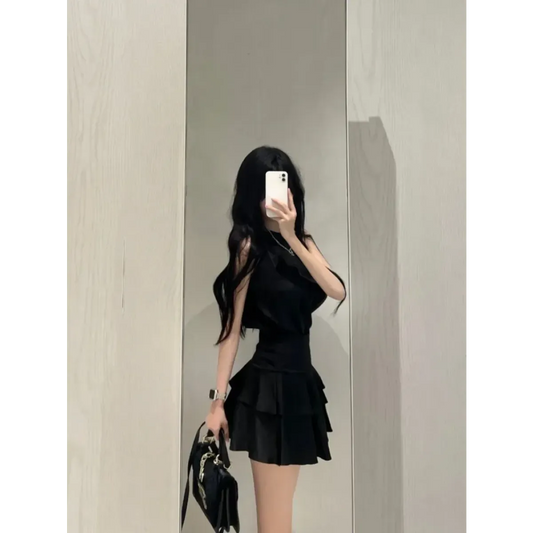 Y2K Halter Top & Ruched Tiered Skirt Set - Bottoms - Sets / Co-ords - 2