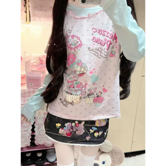Kawaii Cupcake Print Top – Y2K Harajuku Long Sleeve Shirt - T-Shirts - Long - Round - Crop Tops - 1