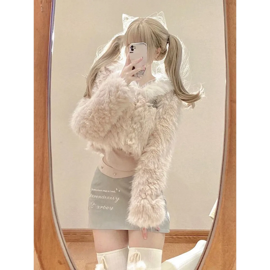 Kawaii Faux Fur Coat & Mini Skirt Set – Y2K Harajuku Outfit - Bottoms - Long - Shirt - Clothing Sets - 1
