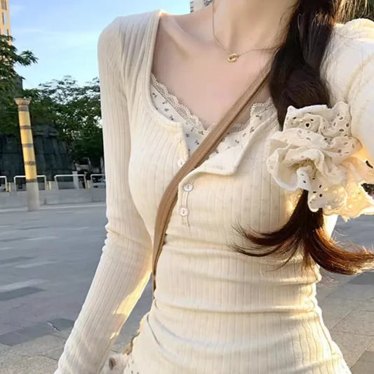 Layered Lace Trim Top – Y2K Harajuku Slim Fit Tee - T-Shirts - Long - V-neck - T-Shirts - 6