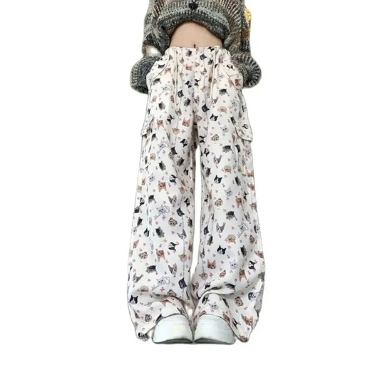 Cat Print Wide-Leg Pants – Y2K Harajuku Streetwear - Bottoms - Women’s Pants - 1