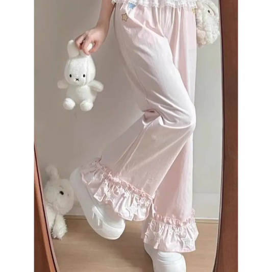 Y2K Ruffle Patchwork High Waist Wide Leg Pants - Bottoms - Pants - 2