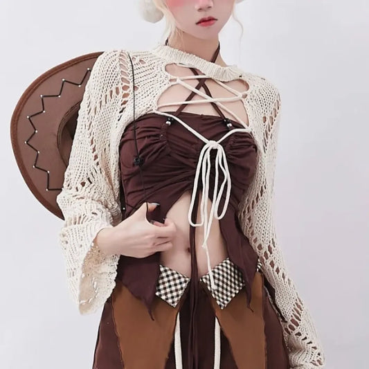 Y2K Hollow Knit Lace-Up Cardigan Top - Women’s Clothing & Accessories - Cardigan - 2