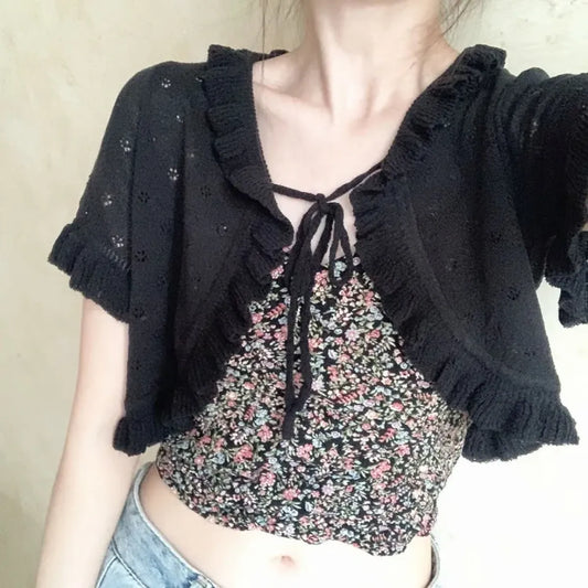 Y2K Hollow Knit Lace-Up Cardigan Top - Women’s Clothing & Accessories - Cardigan - 6