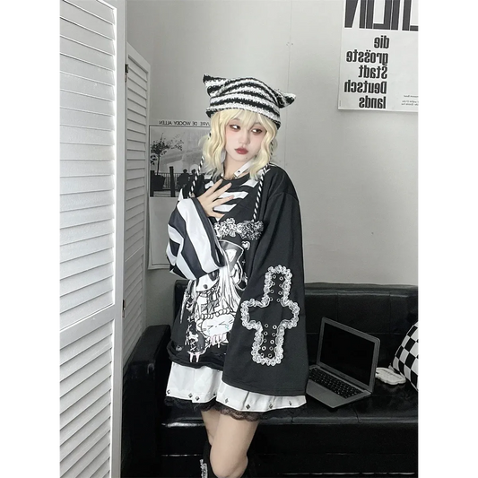 Y2K Japanese Cartoon T-Shirt – Loose Grunge Fairycore Kawaii Top - T-Shirts - Long - Round - T-Shirts - 2