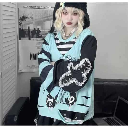 Y2K Japanese Cartoon T-Shirt – Loose Grunge Fairycore Kawaii Top - T-Shirts - Long - Round - T-Shirts - 6