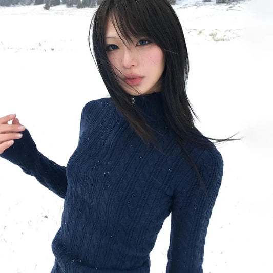 Y2K Navy Slim Knit Pullover Sweater - Sweaters - Sweater / Pullover - 1