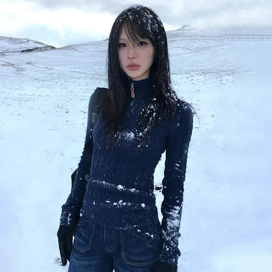 Y2K Navy Slim Knit Pullover Sweater - Sweaters - Sweater / Pullover - 2