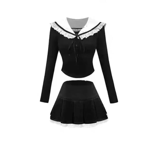 Preppy Knit Top and Mini Skirt Set – Y2K Korean Uniform Style - Bottoms - Clothing Sets - 2